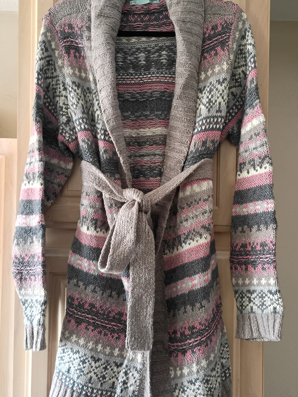 Maurices Gray, Pink & Cream Long Shawl Collar Knit Cardigan